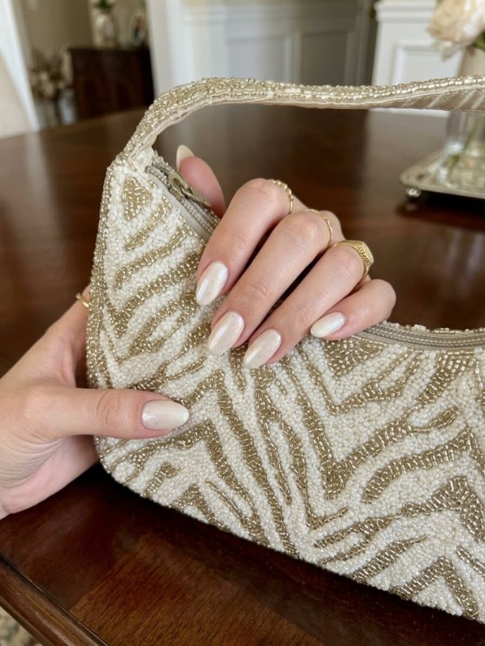 Beaded Ivory and Silver Evening Beaded White Zebra Bag
